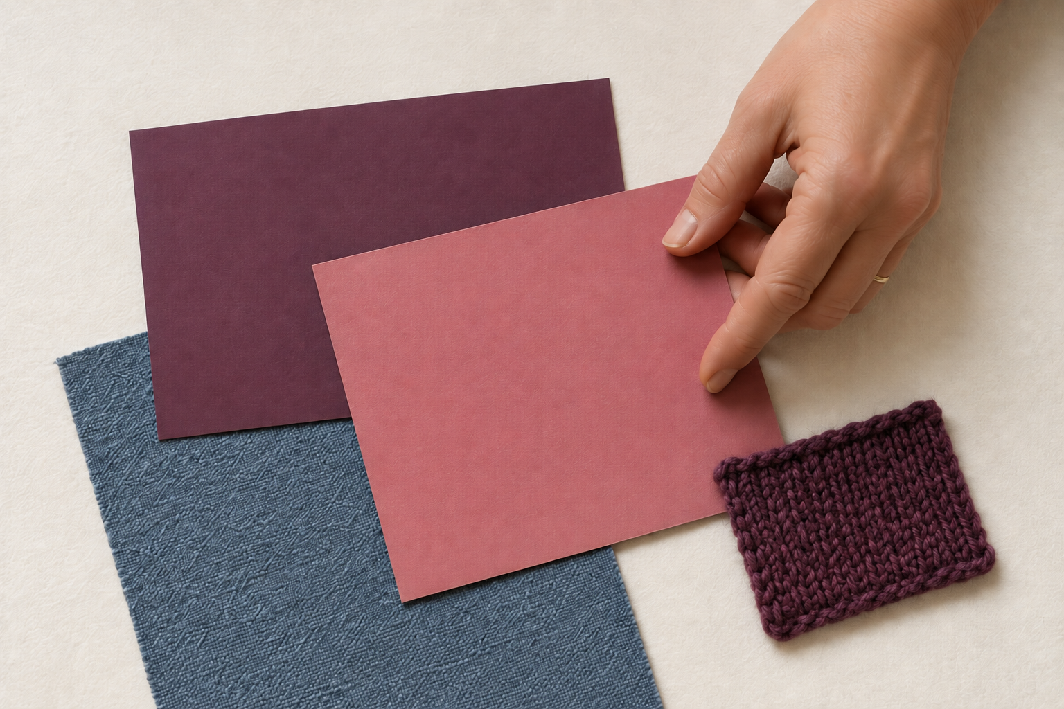 Een hand bij roze, blauwe en paarse kleurvlakken, met een paars gebreid proeflapje